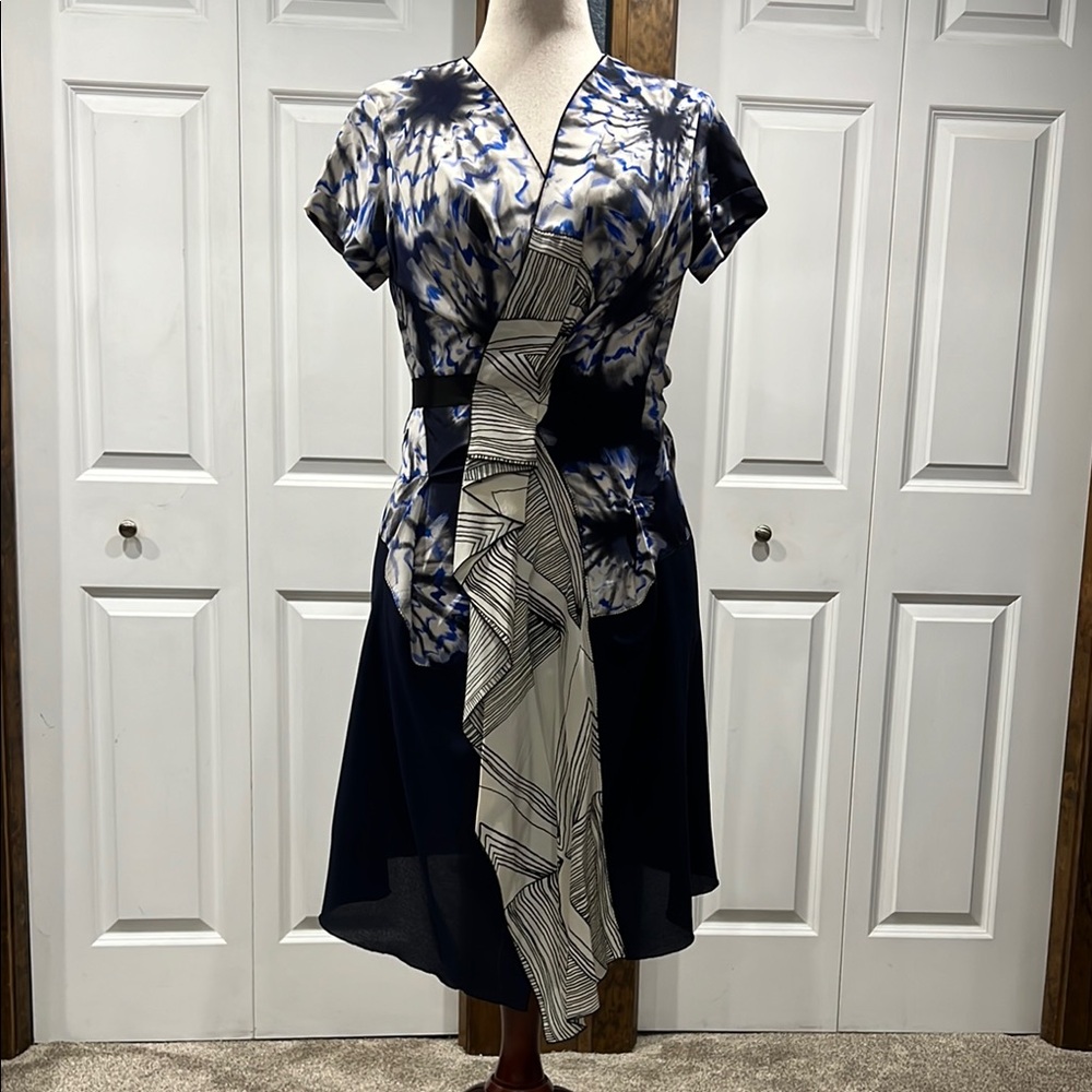 BCBGMaxAzria Blue and White Asymmetrical Ruched Sundress